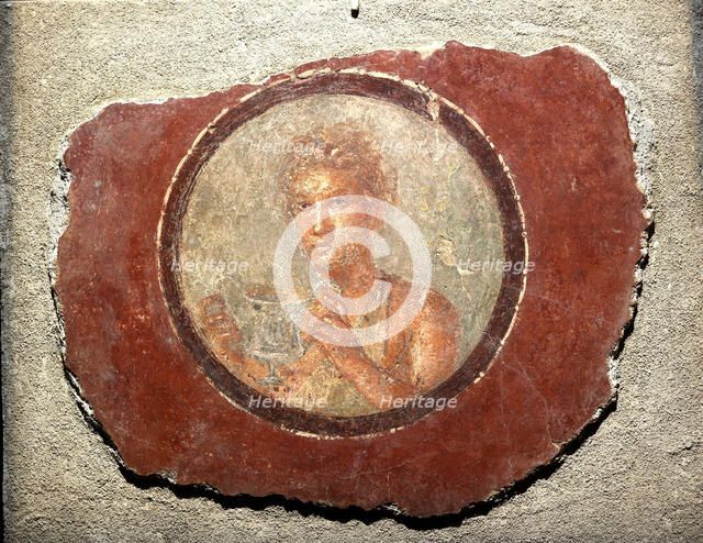 Medallion with a male figure holding a kantharos, 1st century. Creator: Roman-Pompeian wall painting.