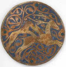Medallion with Hound Attacking Stag, French, ca. 1240-60. Creator: Unknown