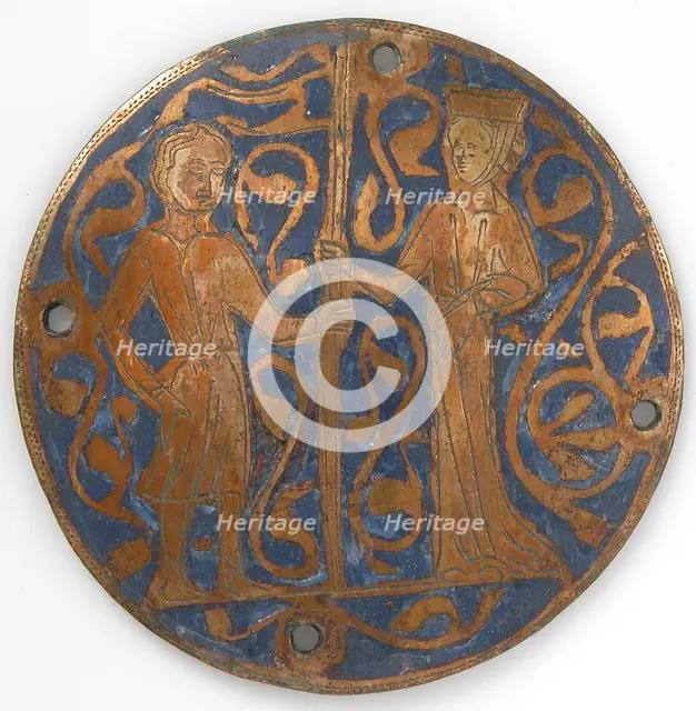 Medallion with man and woman holding standard, French, ca. 1240-60. Creator: Unknown.