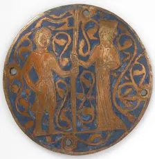 Medallion with man and woman holding standard, French, ca. 1240-60. Creator: Unknown