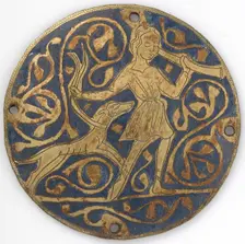 Medallion with Varlet with Horn and Hound, French, ca. 1240-60. Creator: Unknown