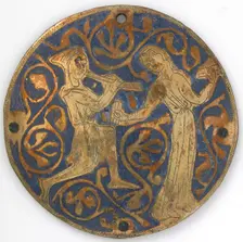Medallion with Youth Playing Pipe for Dancing Woman with Castanets, French, ca. 1240-60. Creator: Unknown