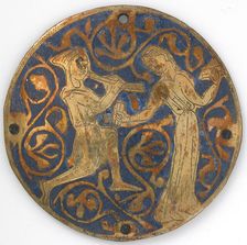 Medallion with Youth Playing Pipe for Dancing Woman with Castanets, French, ca. 1240-60. Creator: Unknown