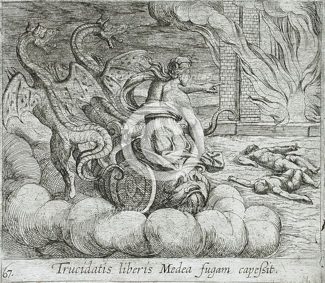 Medea Destroying Jason's Family and Home, published 1606. Creators: Antonio Tempesta, Wilhelm Janson.
