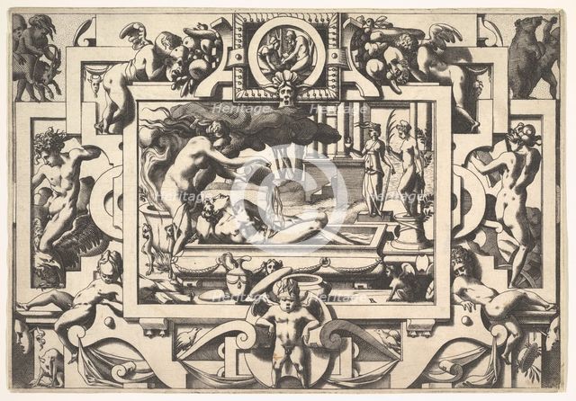 Medea Pours a Magic Potion over Jason (Le roi Aeson tant caduque et chénu en une cuve elle..., 1563. Creator: Rene Boyvin.