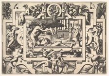 Medea Pours a Magic Potion over Jason (Le roi Aeson tant caduque et chénu en une cuve elle..., 1563. Creator: Rene Boyvin