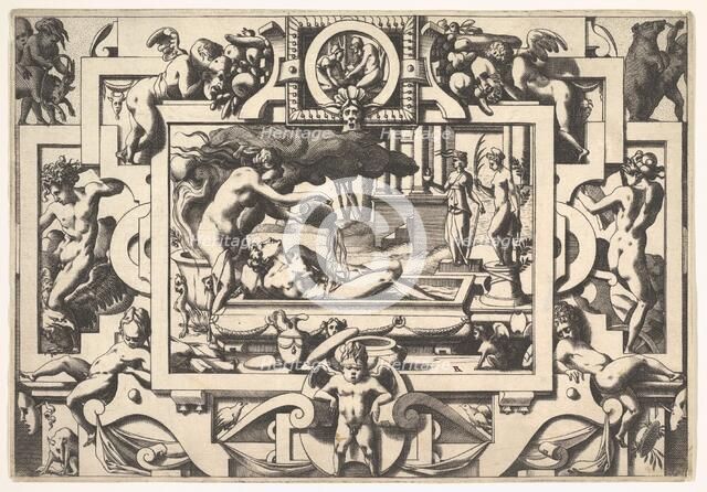 Medea Pours a Magic Potion over Jason (Le roi Aeson tant caduque et chénu en une cuve elle..., 1563. Creator: Rene Boyvin.