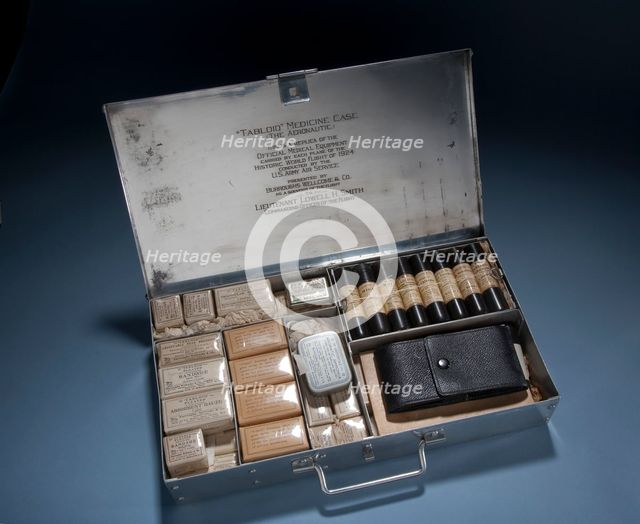 Medical kit carried aboard the Douglas World Cruiser by Lt. Lowell Smith, c. 1924.. Creator: Unknown.