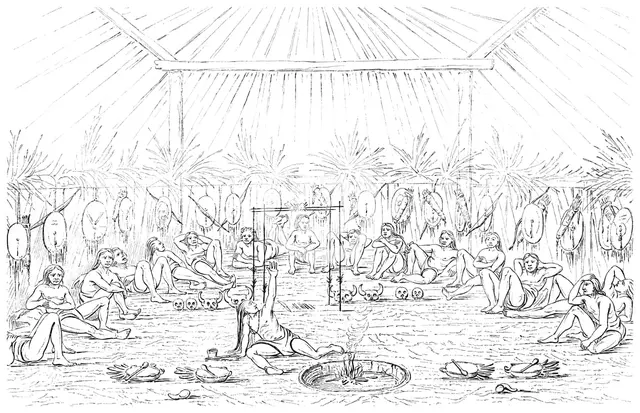 Medicine man and teepee interior, 1841.Artist: Myers and Co