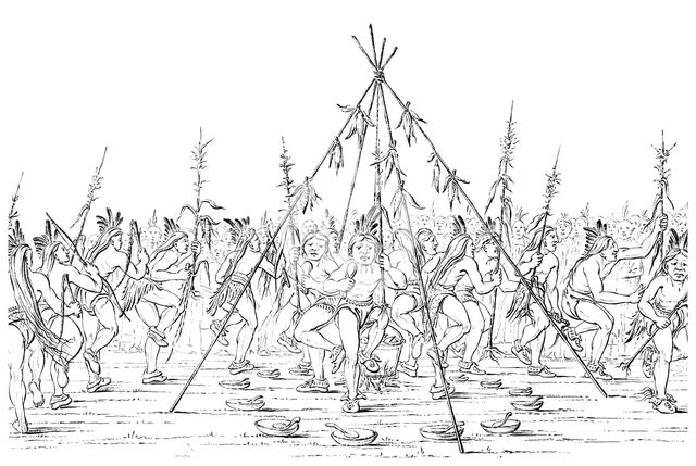 Medicine men dance around a cooking pot giving thanks to the Great Spirit, 1841.Artist: Myers and Co