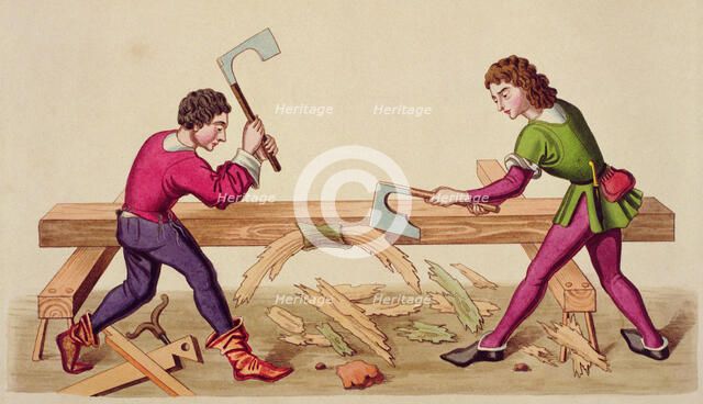Medieval craftsmen carpenters 1497, engraving.