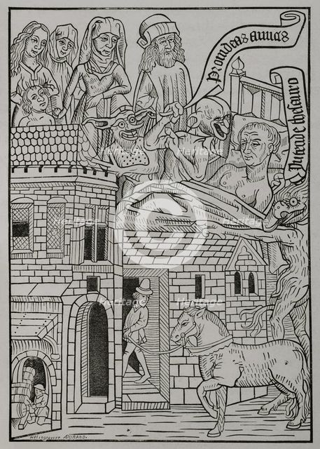 Medieval allegory of the temptation to avarice..., 1415, (1877).  Creator: Unknown.