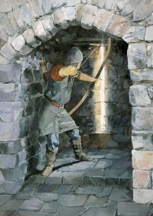 Medieval archer firing through an arrow slit at Beeston Castle, Cheshire. Artist: Ivan Lapper