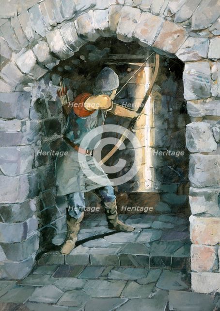 Medieval archer firing through an arrow slit at Beeston Castle, Cheshire. Artist: Ivan Lapper.