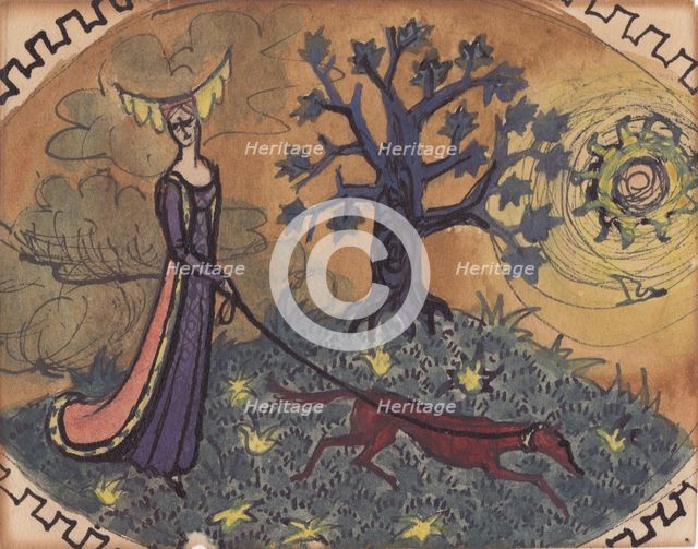 Medieval lady and dog, c1950. Creator: Shirley Markham.
