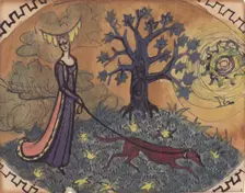 Medieval lady and dog, c1950. Creator: Shirley Markham