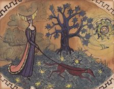 Medieval lady and dog, c1950. Creator: Shirley Markham