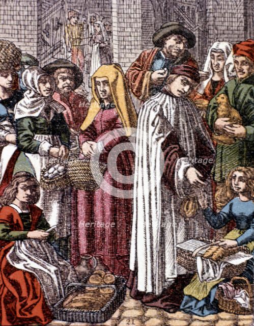 Medieval life, the market in late 1400, in an engraving by Hotteroth, 1870.