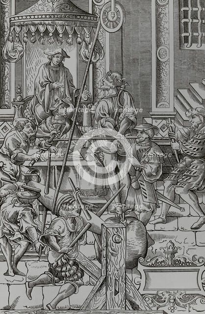 Medieval torture scene: The Estrapade, or Question Extraordinary, 1541, (1878).  Creator: Unknown.