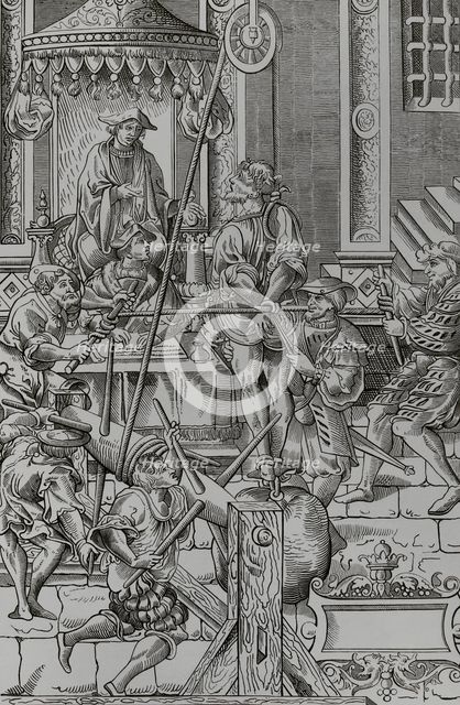 Medieval torture scene: The Estrapade, or Question Extraordinary, 1541, (1878).  Creator: Unknown.