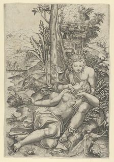 Medor and Angelica from Lodovico Ariosto's Orlando Furioso or Venus and Adonis ..., ca. 1500-1534. Creator: Marcantonio Raimondi