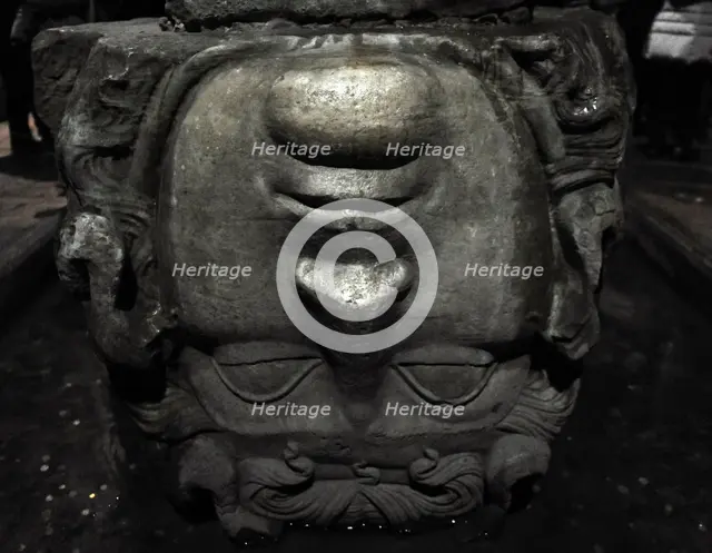 Medusa column base, Basilica Cistern (6th century), Istanbul, Turkey.  Creator: LTL.