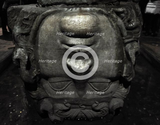 Medusa column base, Basilica Cistern (6th century), Istanbul, Turkey.  Creator: LTL.