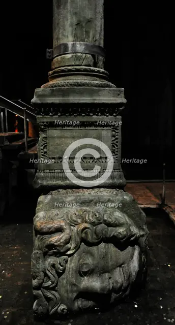 Medusa column base, Basilica Cistern (6th century), Istanbul, Turkey. Creator: LTL.