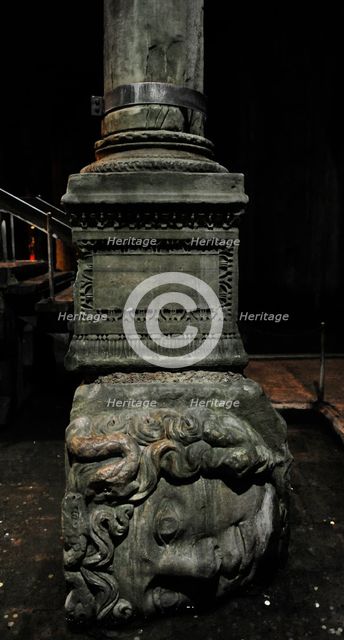 Medusa column base, Basilica Cistern (6th century), Istanbul, Turkey. Creator: LTL.