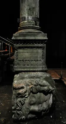 Medusa column base, Basilica Cistern (6th century), Istanbul, Turkey. Creator: LTL