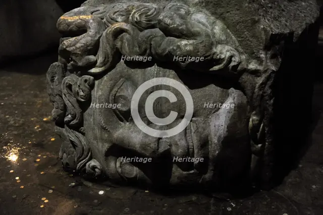 Medusa column base, Basilica Cistern (6th century), Istanbul, Turkey.  Creator: LTL.