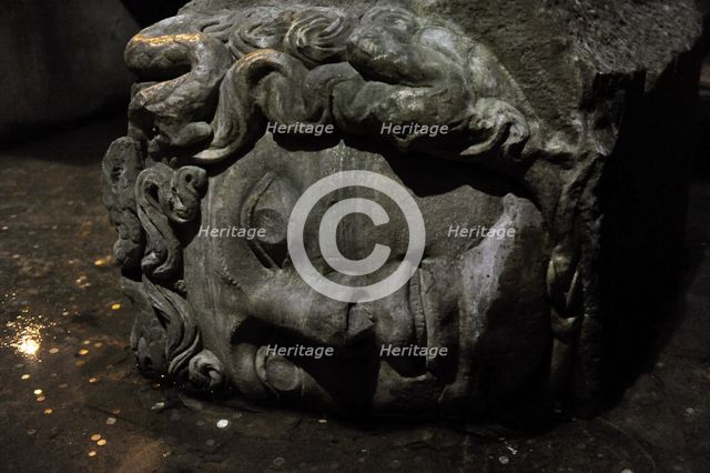Medusa column base, Basilica Cistern (6th century), Istanbul, Turkey.  Creator: LTL.