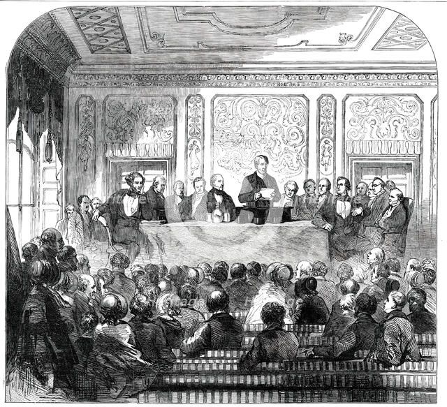 Meeting...for the Erection of a Memorial to the late Sir Robert Peel, 1850. Creator: Unknown.