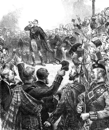 Meeting at Stafford House to protest against the change in the tartans of Highland Regiments, 1881. Creator: Unknown