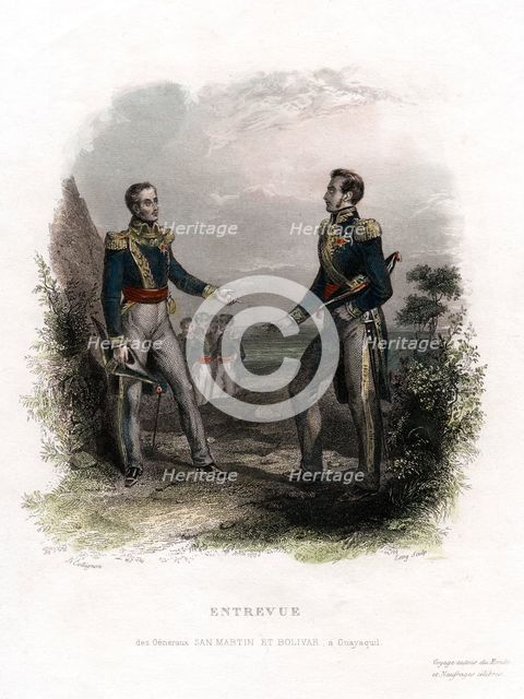Meeting between Generals San Martin and Bolivar, Guayaquil, Ecuador, 1822, (19th century).Artist: Levy