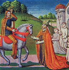 Meeting between Pope Adrian I and Charlemagne, miniature in the incunabula Chronicles of France'…