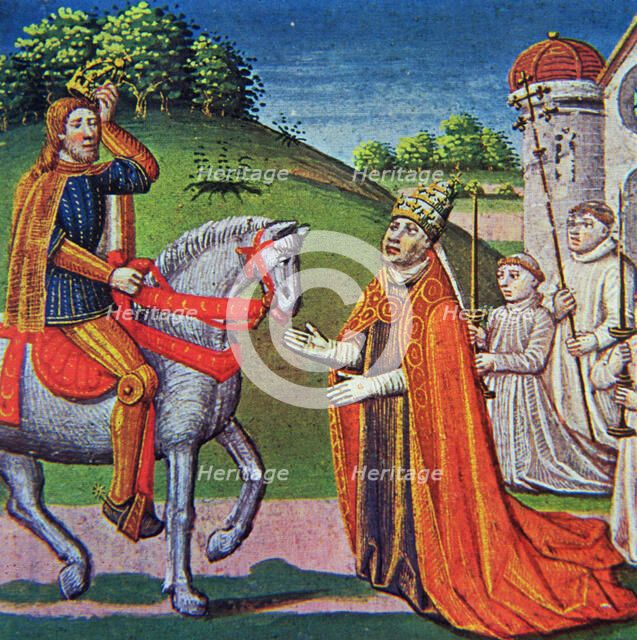 Meeting between Pope Adrian I and Charlemagne, miniature in the incunabula 'Chronicles of France'…