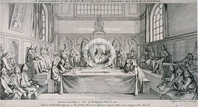 Meeting in the Guildhall Council Chamber, City of London, 1750.                                      Artist: Hubert Francois Gravelot