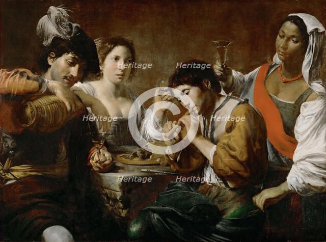 Meeting in a Tavern (Musician and Drinkers). Artist: Valentin de Boullogne (1591-1632)