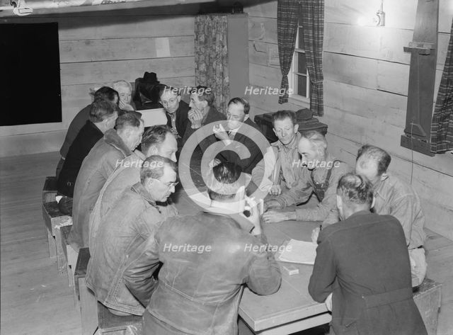 Meeting of the camp council, FSA camp, Farmersville, California, 1939. Creator: Dorothea Lange.