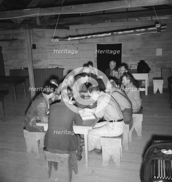 Meeting of the camp council, FSA camp, Farmersville, California, 1939. Creator: Dorothea Lange.