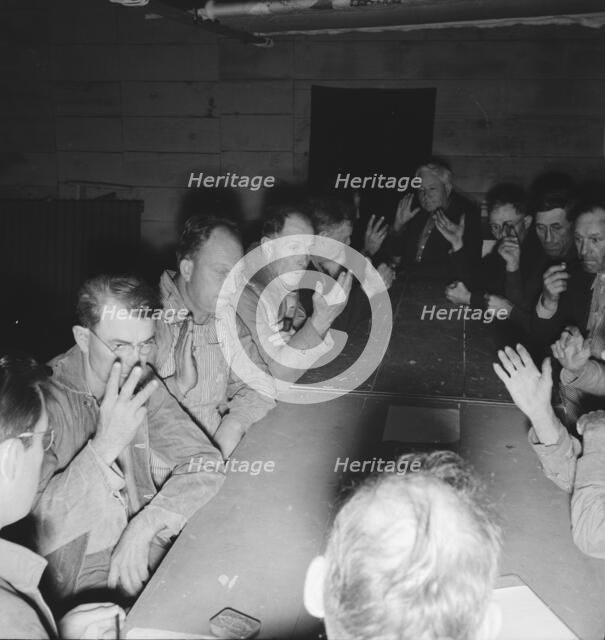 Meeting of the camp council, FSA camp, Farmersville, California, 1939. Creator: Dorothea Lange.