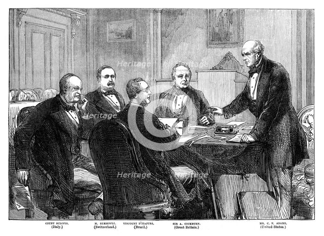 'Meeting of the Arbitrators on the 'Alabama' claims at Geneva', 1871 (late 19th century). Artist: Unknown