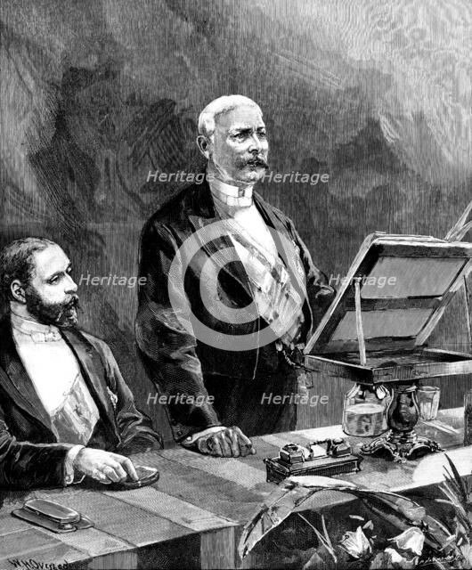 Meeting of the Royal Geographical Society...in the Royal Albert Hall; Mr. Stanley speaking, 1890. Creator: P Naumann.