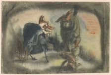 Meeting of a boar in a hat and a fox with an umbrella, 1940-1944. Creator: Ján Novák