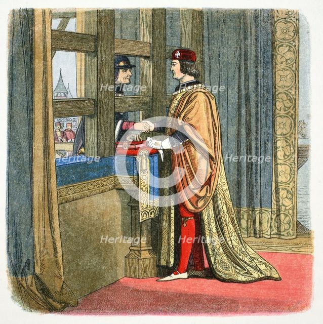 Meeting of Edward IV of England and Louis XI of France at Picquigny, France, 1475 (1864). Creator: James William Edmund Doyle.
