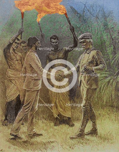 Meeting of Emin Pasha, (1840-1892) and Henry Morton Stanley, (1841-1904) at Kavalli, 29 April 1888.  Creator: Unknown.