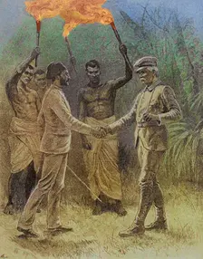 Meeting of Emin Pasha, (1840-1892) and Henry Morton Stanley, (1841-1904) at Kavalli, 29 April 1888. Creator: Unknown