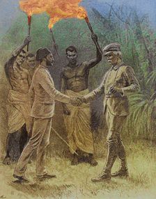 Meeting of Emin Pasha, (1840-1892) and Henry Morton Stanley, (1841-1904) at Kavalli, 29 April 1888. Creator: Unknown