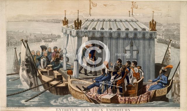 Meeting of Emperors Alexander I of Russia and Napoleon I of France at the Neman near Tilsit on July  Artist: Debret, Jean-Baptiste (1768-1848)